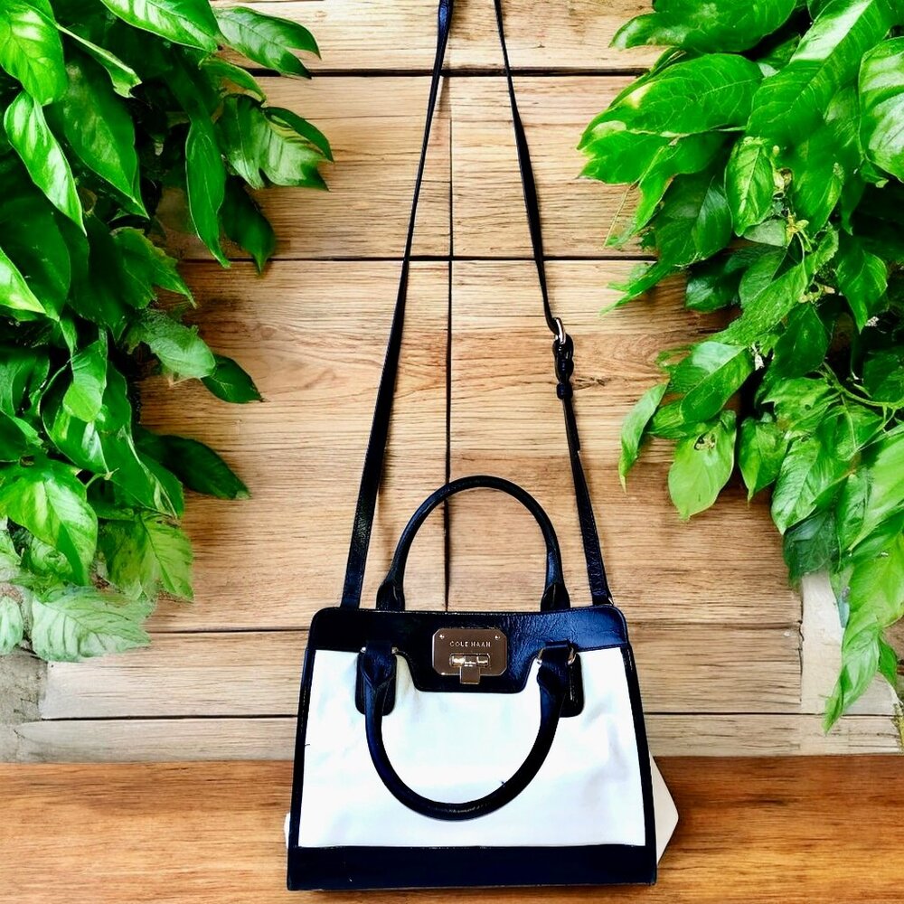 Cole Haan Leather Satchel Crossbody Bag Black Cream Colorblock Tote